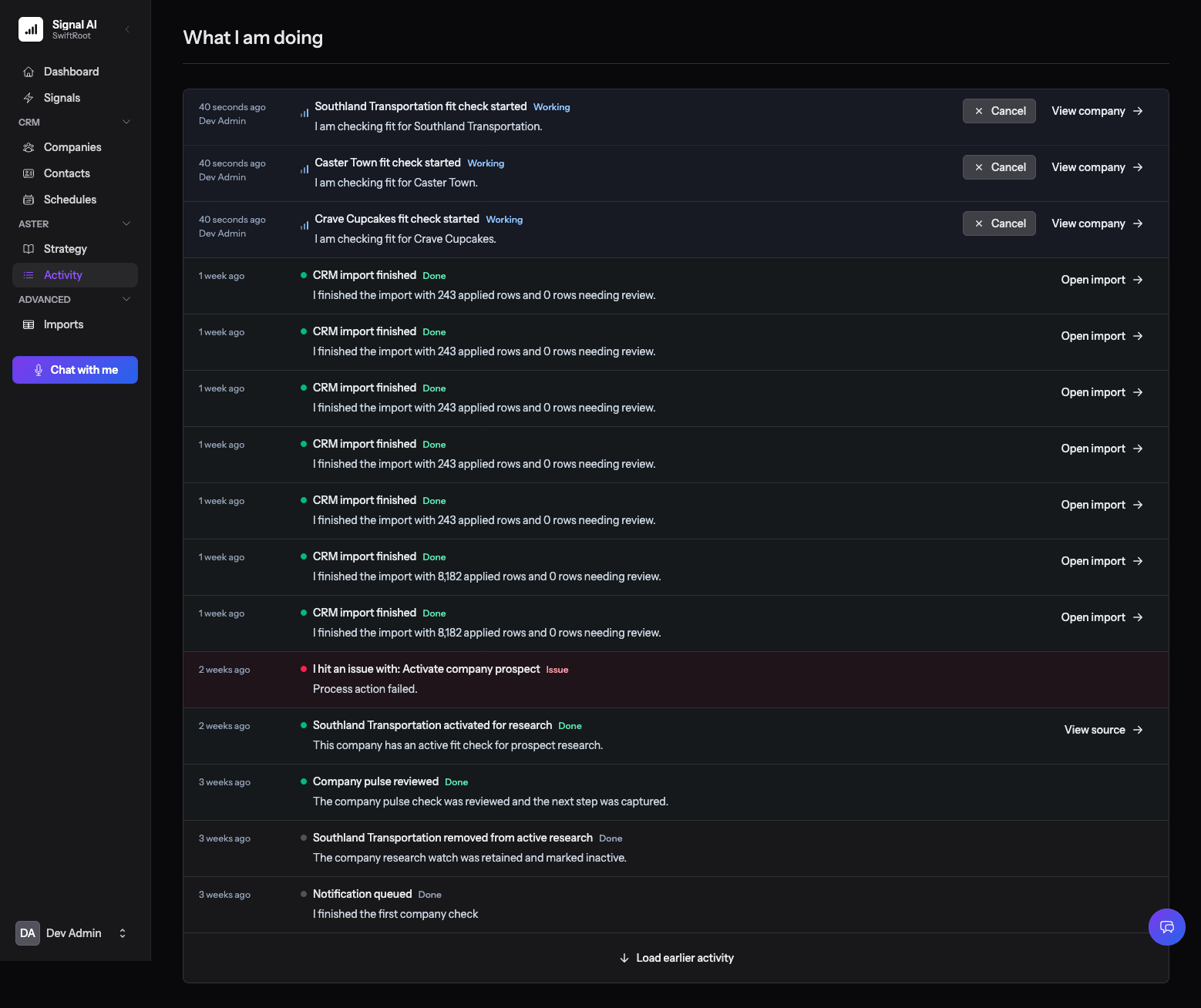 Dark activity screenshot showing fit checks, imports, issues, and review history