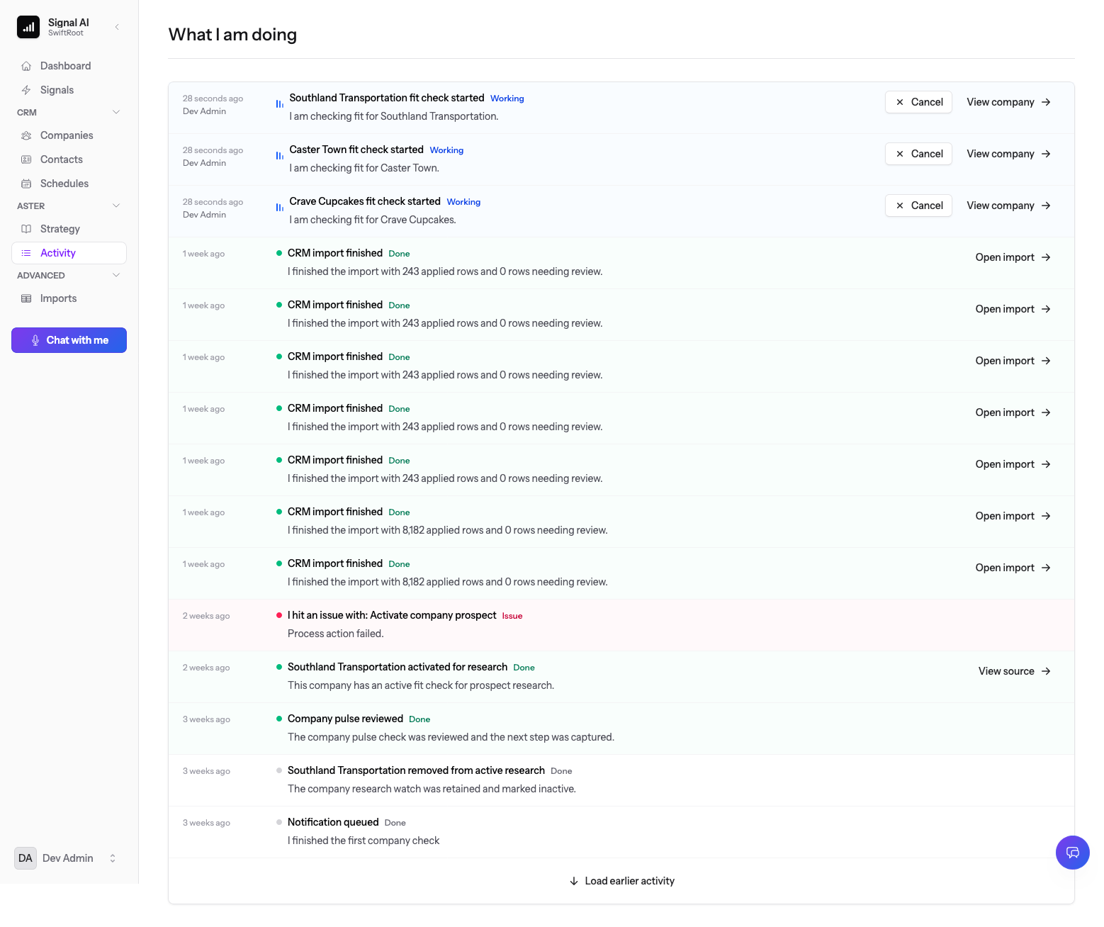 Light activity screenshot showing fit checks, imports, issues, and review history
