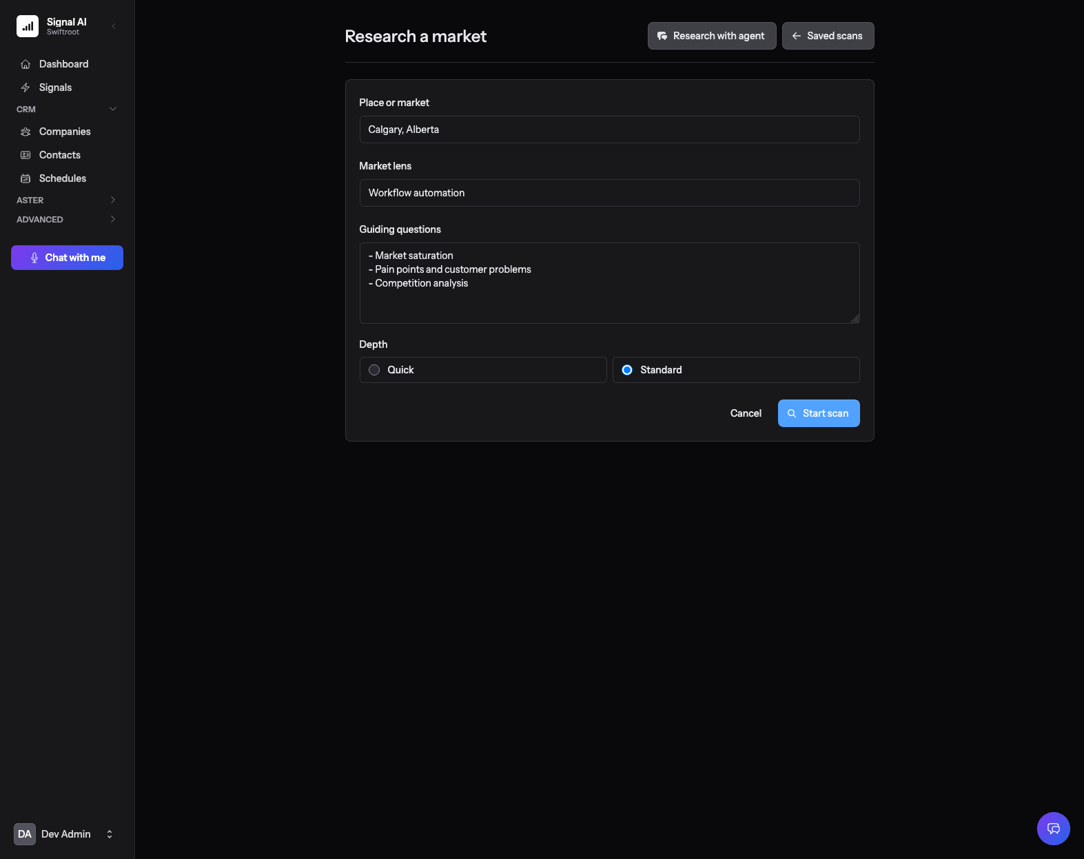 Dark research form screenshot for market, lens, guiding questions, and scan depth