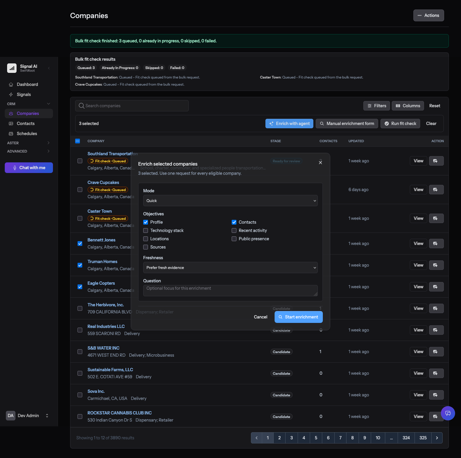 Dark companies screenshot with selected company records, fit checks, and enrichment controls