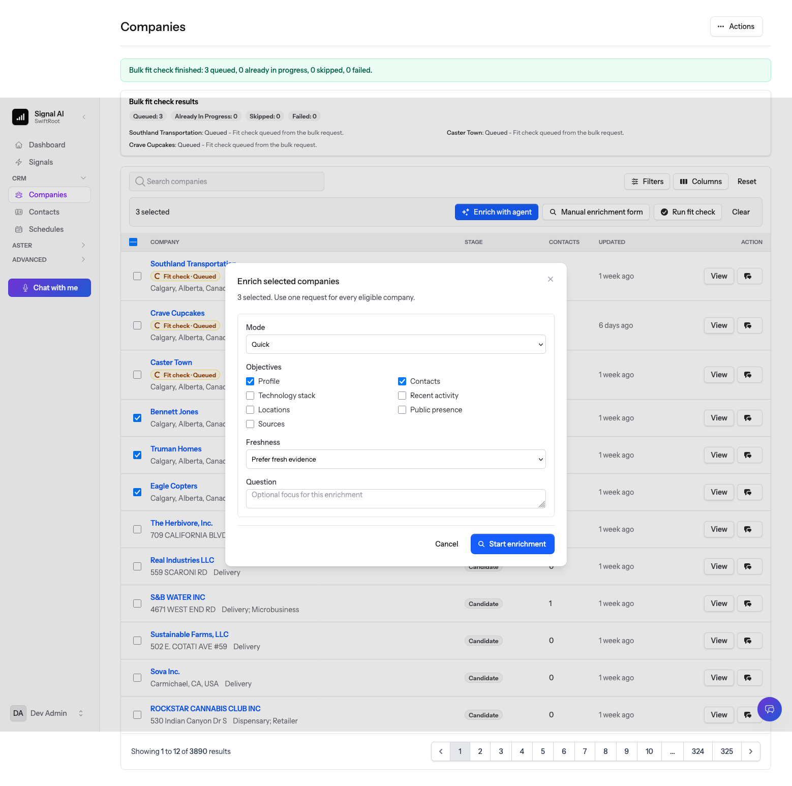 Light companies screenshot with selected company records, fit checks, and enrichment controls