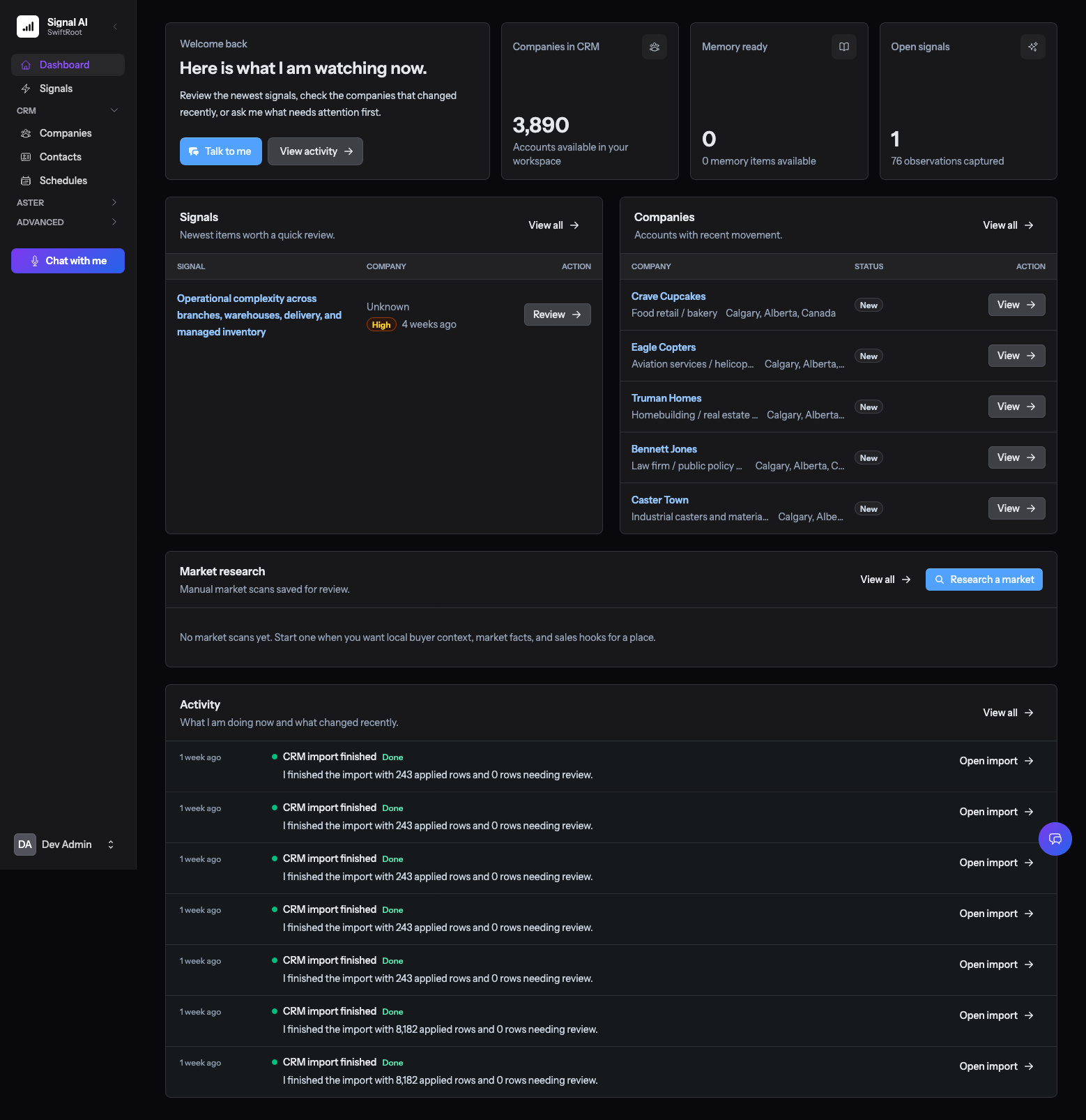 Dark dashboard screenshot with workspace overview, company records, research work, and activity