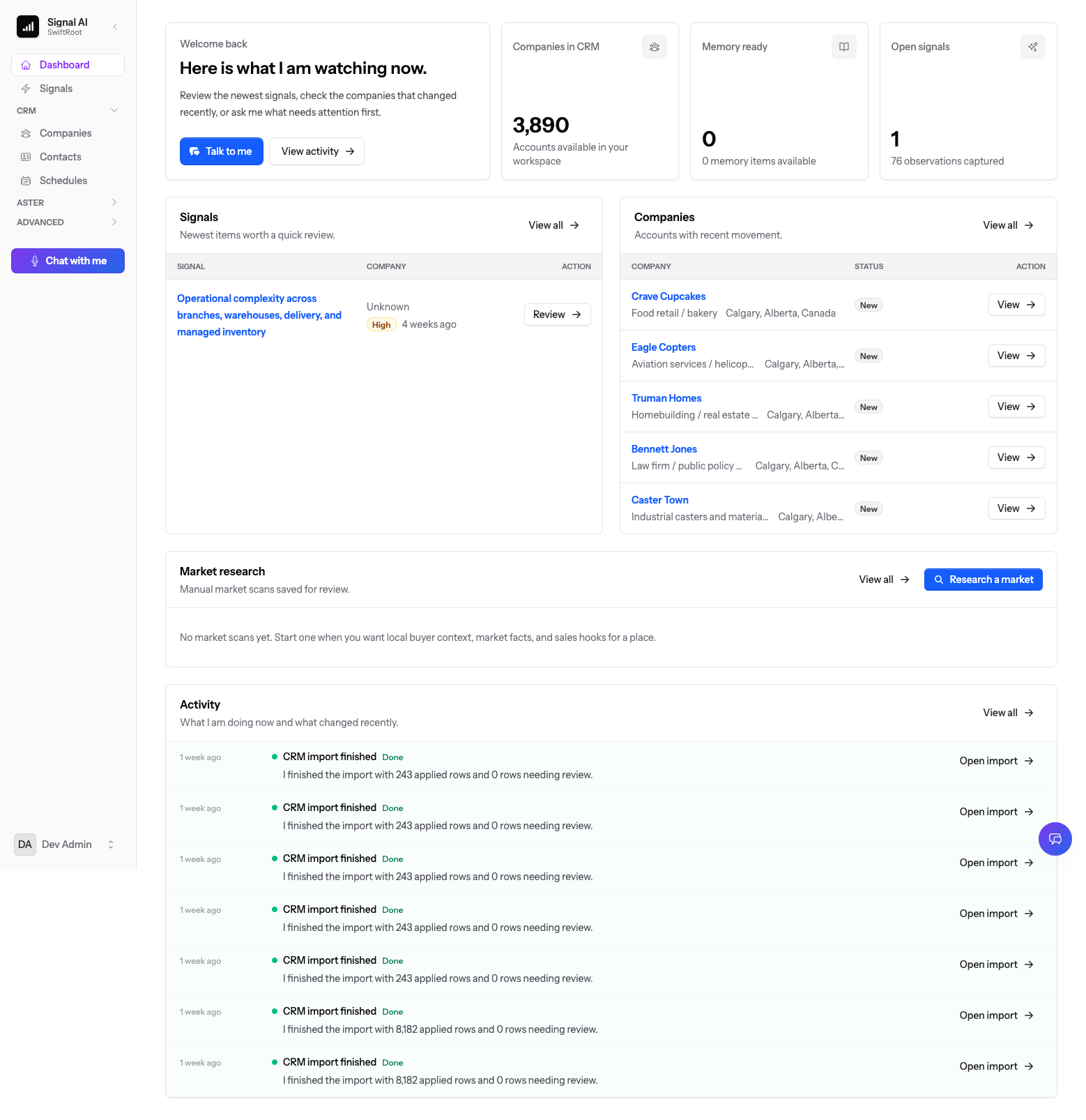 Light dashboard screenshot with workspace overview, company records, research work, and activity